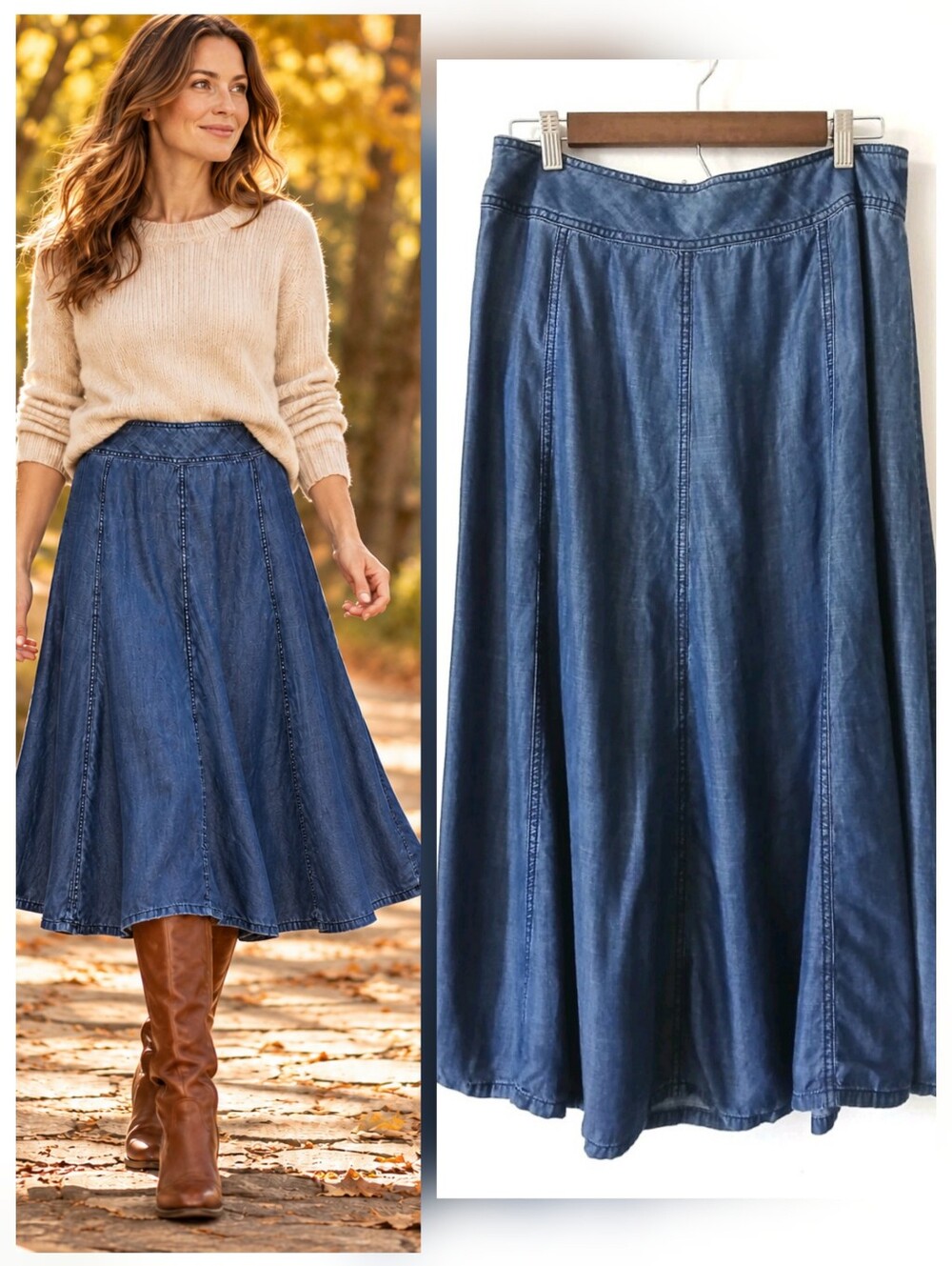 Coldwater Creek Womens Blue Full Midi Skirt Chambray Lyocell Denim Flare Size 14